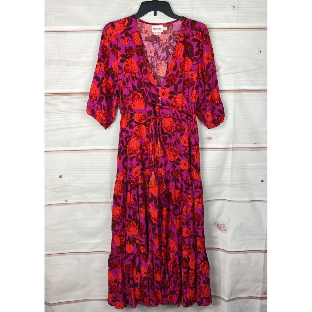 Showpo Dress Womens US 4 Pink‎ Maxi Floral Puff Sleeve Button Front Thigh Slit